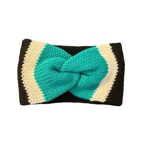 Hand Knit Twist Front Teal, White & Black Ear Warmer Headband, adult size